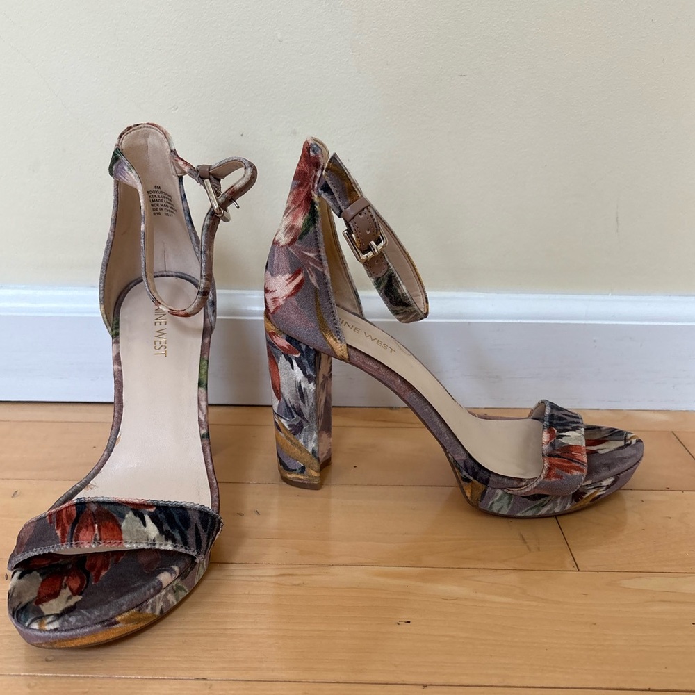 Nine West Velvet Floral Ankle Strap Heels
